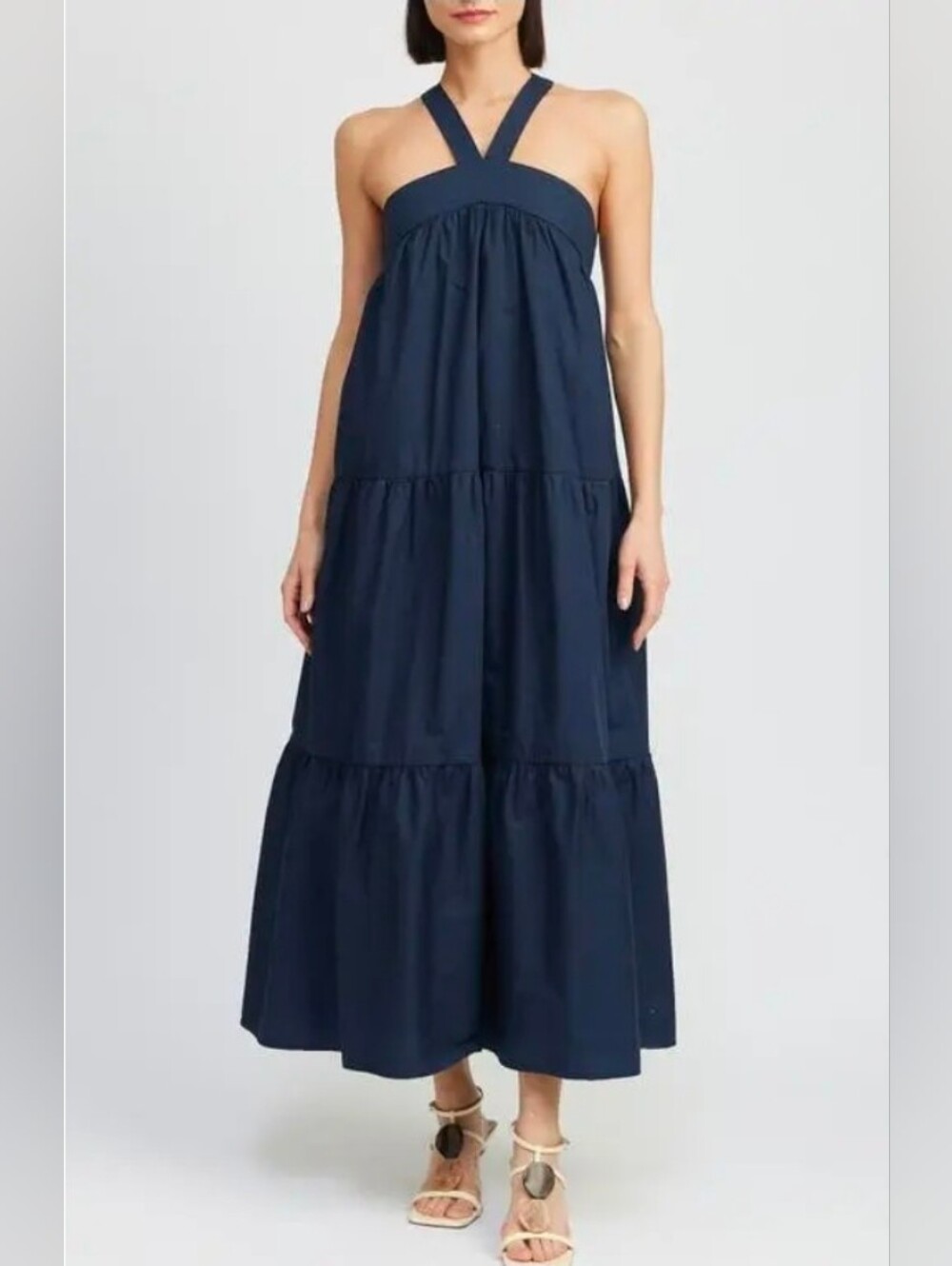 En Saison Irene Navy Tiered Midi Dress with Cross Halter Straps Large (8760)